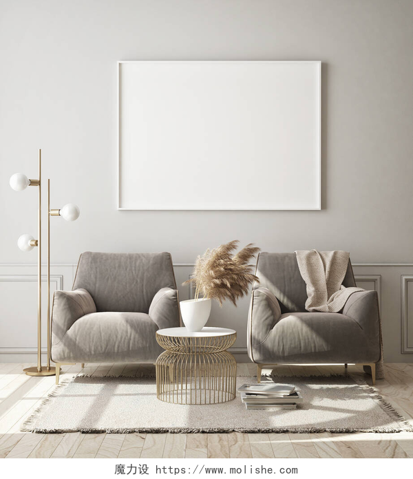 现代简约客厅装修设计模拟海报框架在现代室内背景, 客厅, 斯堪的纳维亚风格, 3d 渲染, 3d 插图